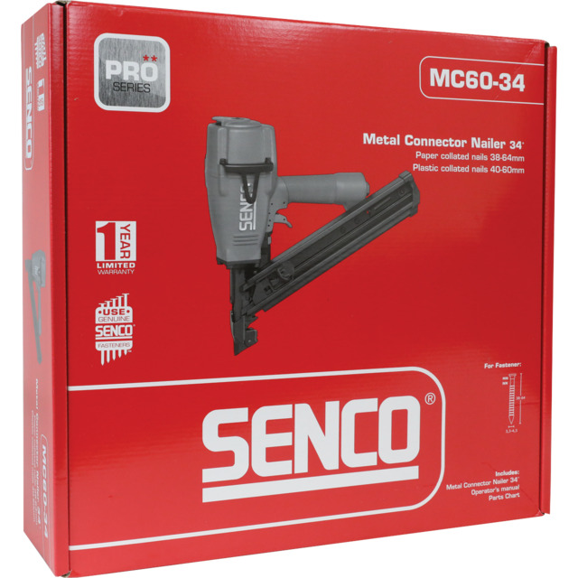 Röd förpackning för Senco metallanknuten spikpistol MC60-34, Pro Series.